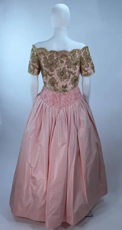 VERA WANG 1980s Pink Silk Ball Gown, Gold Lace Size 10-12
