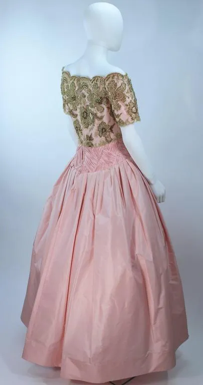 VERA WANG 1980s Pink Silk Ball Gown, Gold Lace Size 10-12
