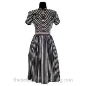 Vintage 1940s Day Dress Cotton Gray Seafoam Green Stripes Bows Adorable Short Sleeves S- M