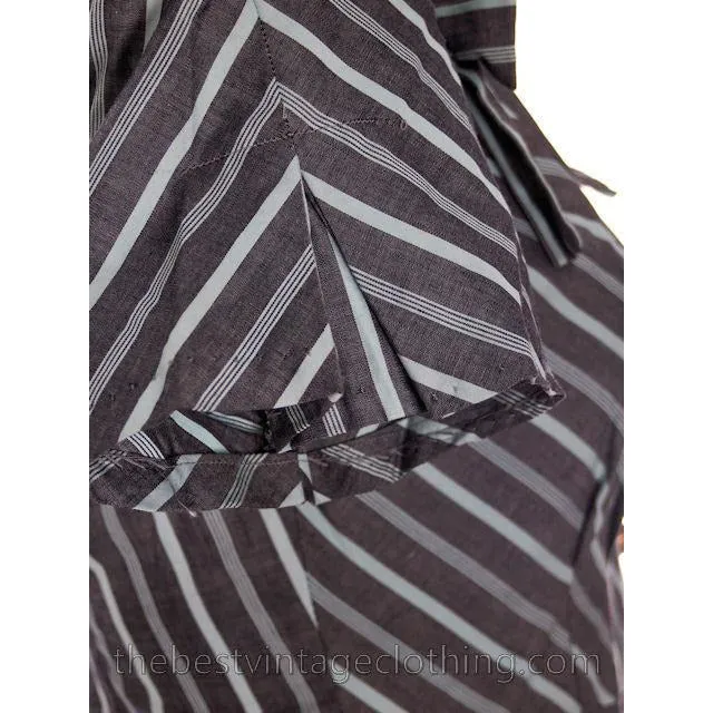 Vintage 1940s Day Dress Cotton Gray Seafoam Green Stripes Bows Adorable Short Sleeves S- M
