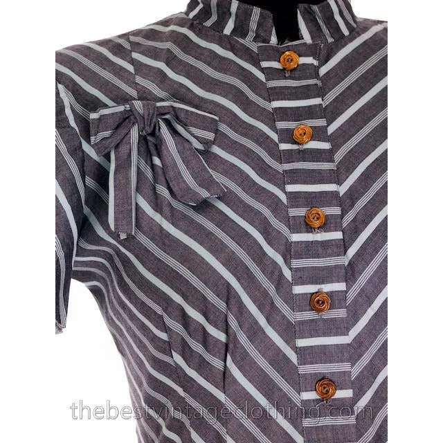 Vintage 1940s Day Dress Cotton Gray Seafoam Green Stripes Bows Adorable Short Sleeves S- M