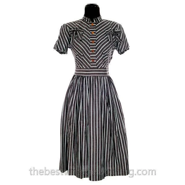 Vintage 1940s Day Dress Cotton Gray Seafoam Green Stripes Bows Adorable Short Sleeves S- M