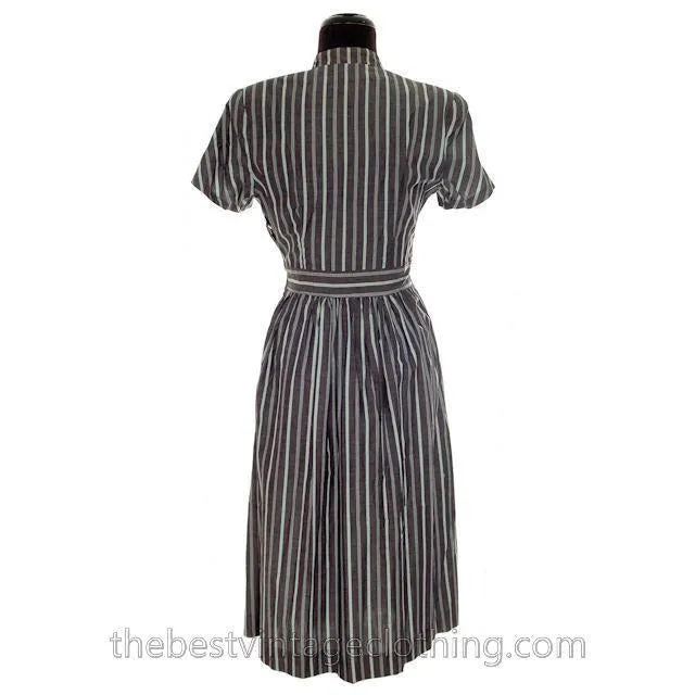 Vintage 1940s Day Dress Cotton Gray Seafoam Green Stripes Bows Adorable Short Sleeves S- M