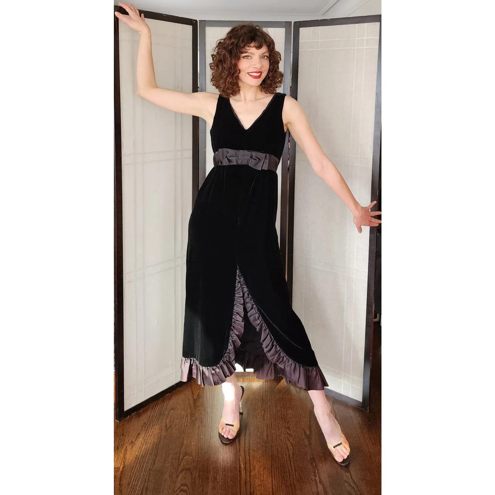 Vintage 60s Black Velvet Evening Dress Bow Ruffled Skirt
