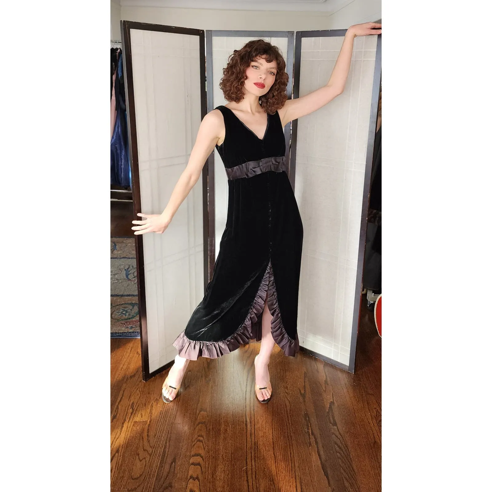 Vintage 60s Black Velvet Evening Dress Bow Ruffled Skirt