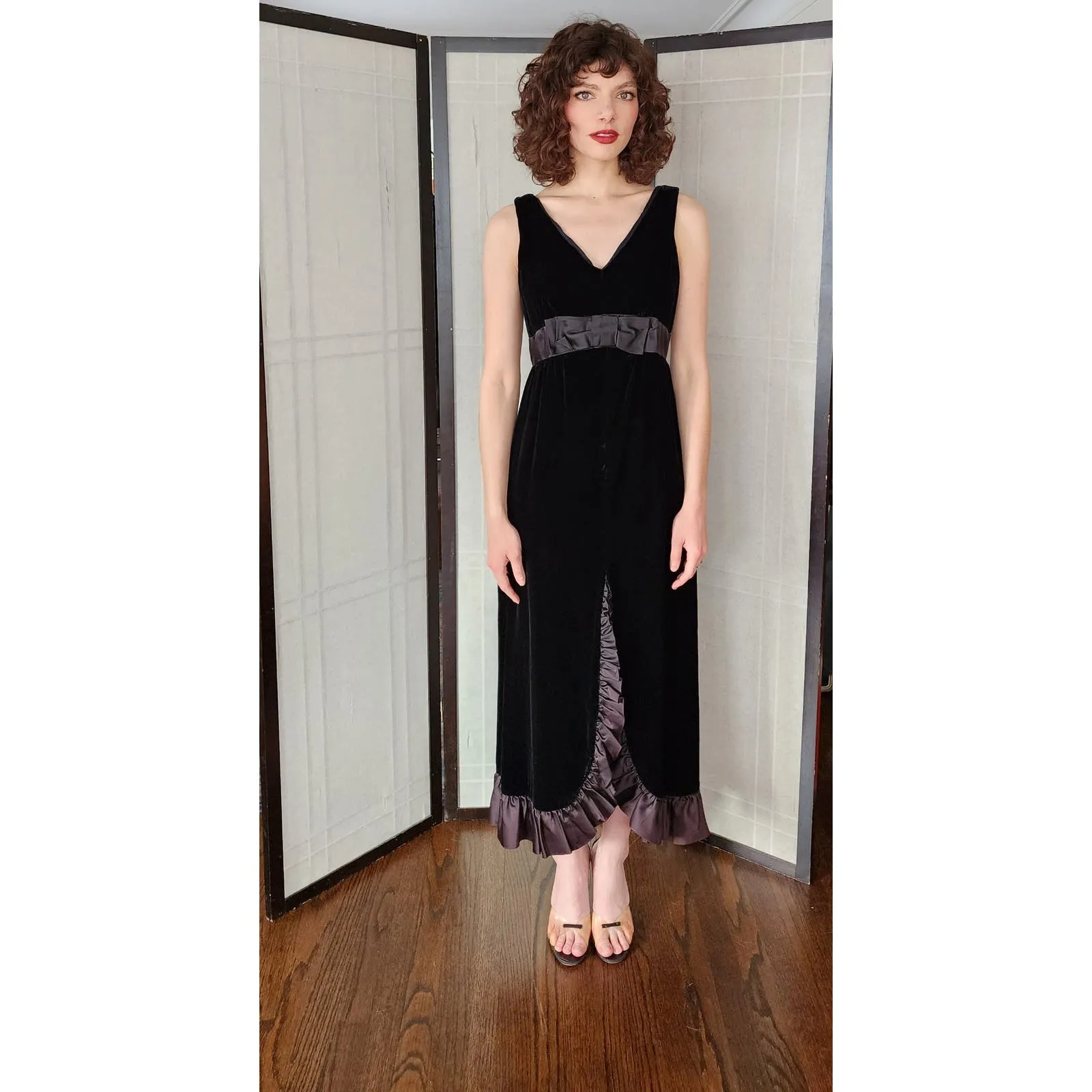 Vintage 60s Black Velvet Evening Dress Bow Ruffled Skirt