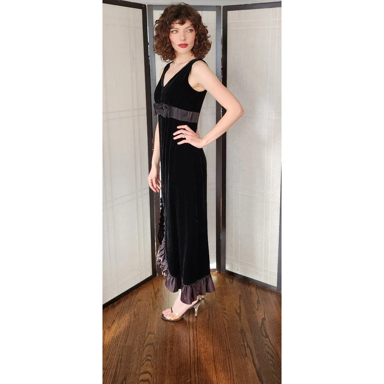Vintage 60s Black Velvet Evening Dress Bow Ruffled Skirt