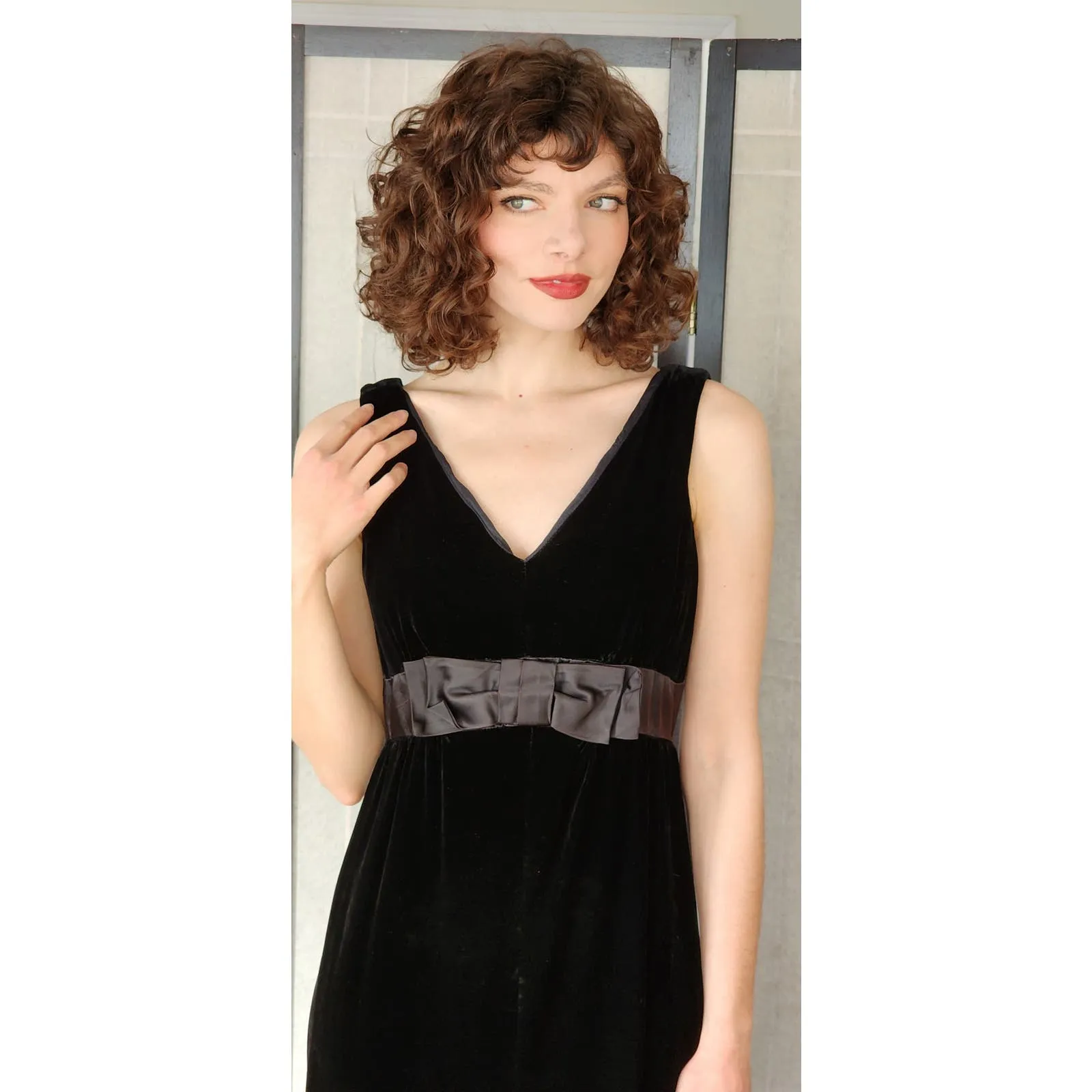 Vintage 60s Black Velvet Evening Dress Bow Ruffled Skirt