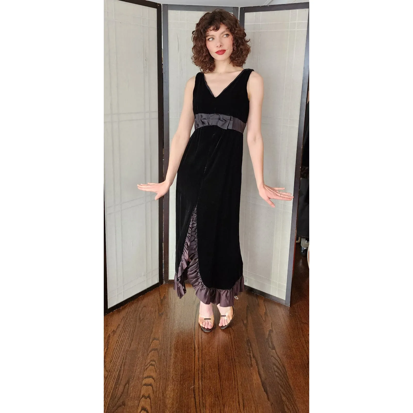 Vintage 60s Black Velvet Evening Dress Bow Ruffled Skirt