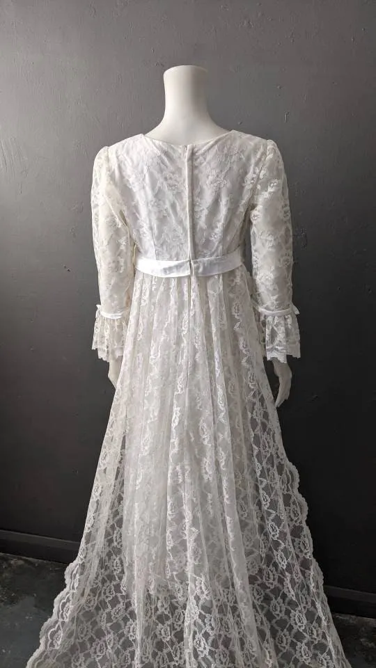 Vintage 60s Lace Wedding Dress with Long Train, Empire Waist, Size Small