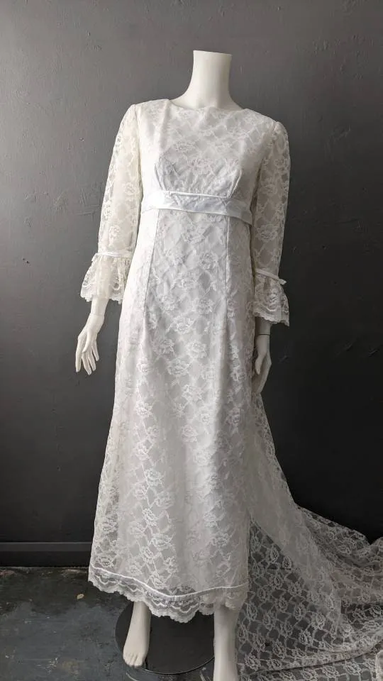 Vintage 60s Lace Wedding Dress with Long Train, Empire Waist, Size Small
