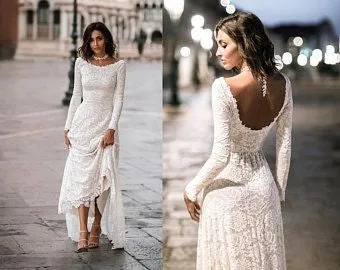 Vintage Lace Long-sleeve Wedding Dress with U Back