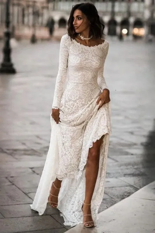 Vintage Lace Long-sleeve Wedding Dress with U Back