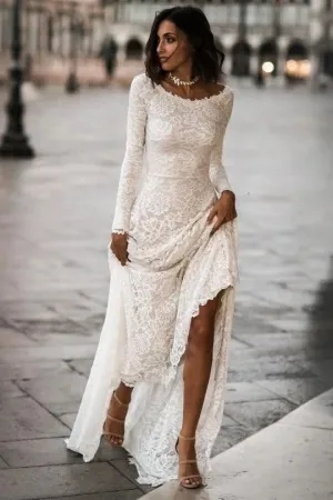 Vintage Lace Long-sleeve Wedding Dress with U Back
