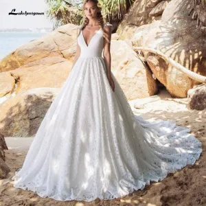 Vintage Lace Princess Wedding Gowns Deep V-neck