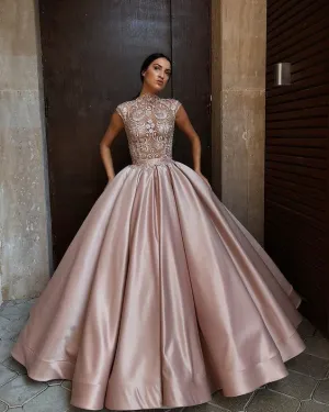 vintage prom dress ball gown cap sleeve lace appliqué champagne elegant satin prom gowns