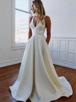 White A Line V Neck Satin Long Prom with Bowknot Back, V Neck White Formal, Evening