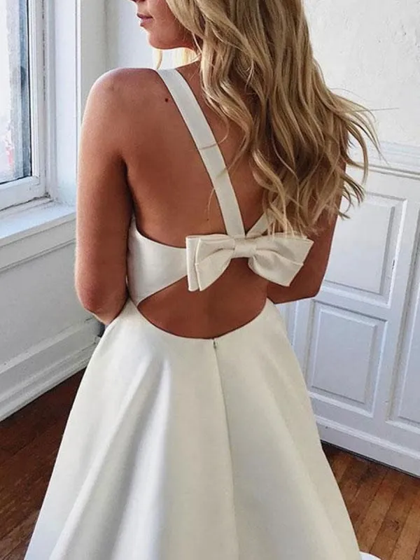 White A Line V Neck Satin Long Prom with Bowknot Back, V Neck White Formal, Evening