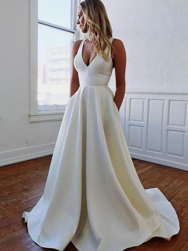 White A Line V Neck Satin Long Prom with Bowknot Back, V Neck White Formal, Evening