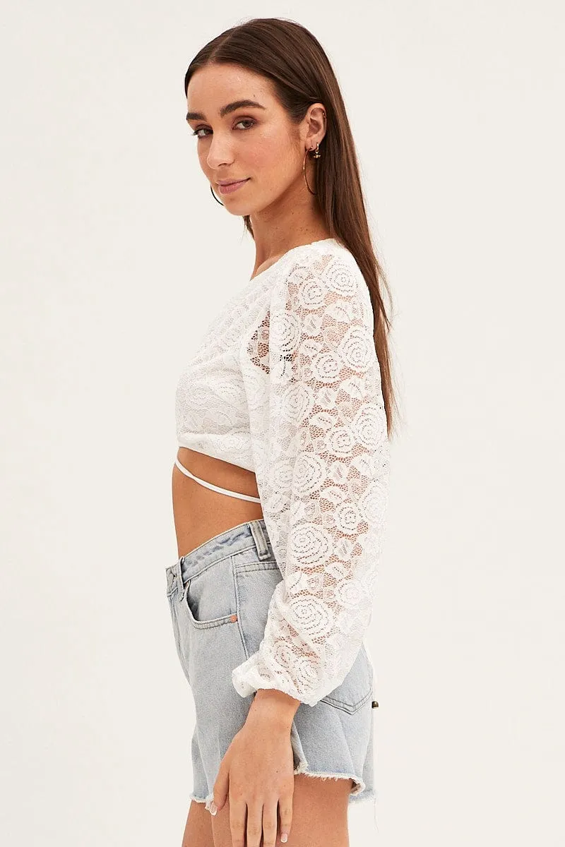 White Bolero Long Sleeve Tie Front V Neck Lace