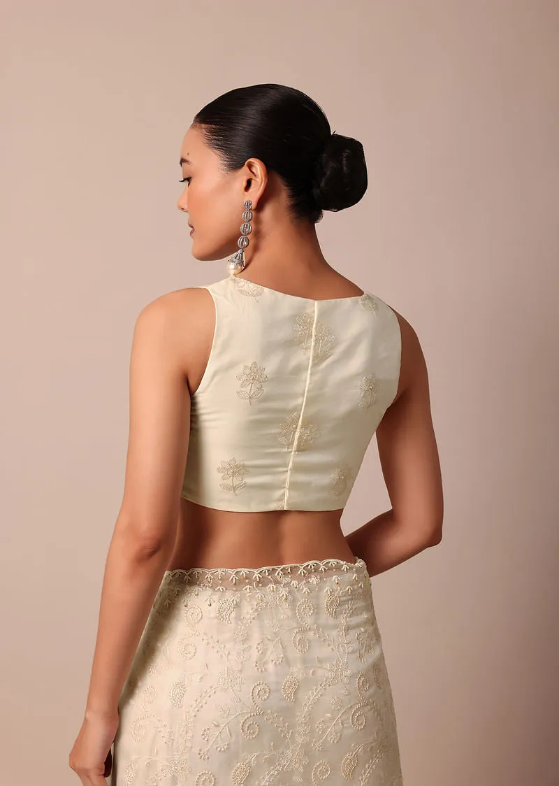 White Chikankari Saree In Organza Silk With Beaded Scallop