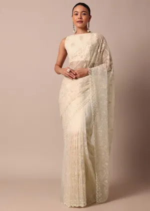 White Chikankari Saree In Organza Silk With Beaded Scallop