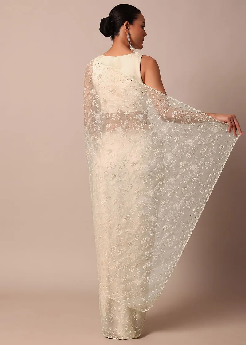 White Chikankari Saree In Organza Silk With Beaded Scallop