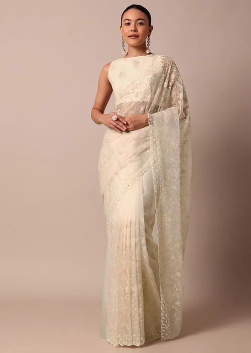 White Chikankari Saree In Organza Silk With Beaded Scallop