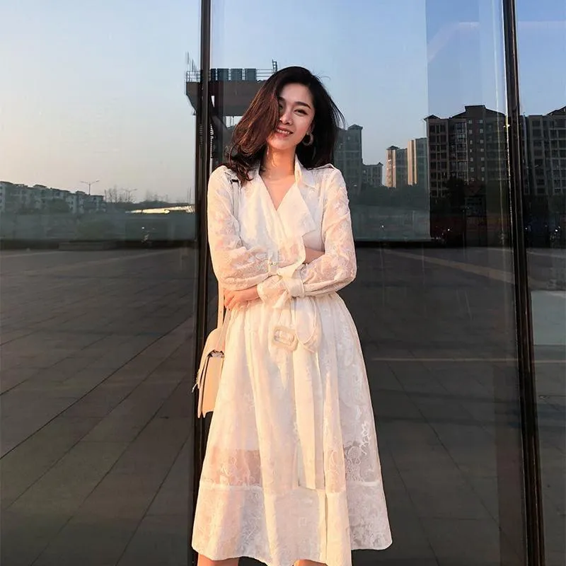 White Embroidery Lace High Waist Long Sleeve Dress