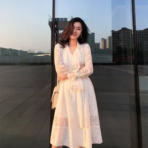 White Embroidery Lace High Waist Long Sleeve Dress