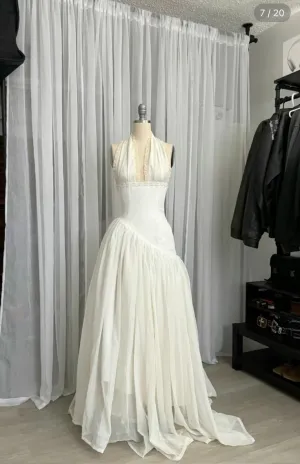 White Halter Neck A-Line Lace Long Party Dress Vintage Wedding Dress, D992