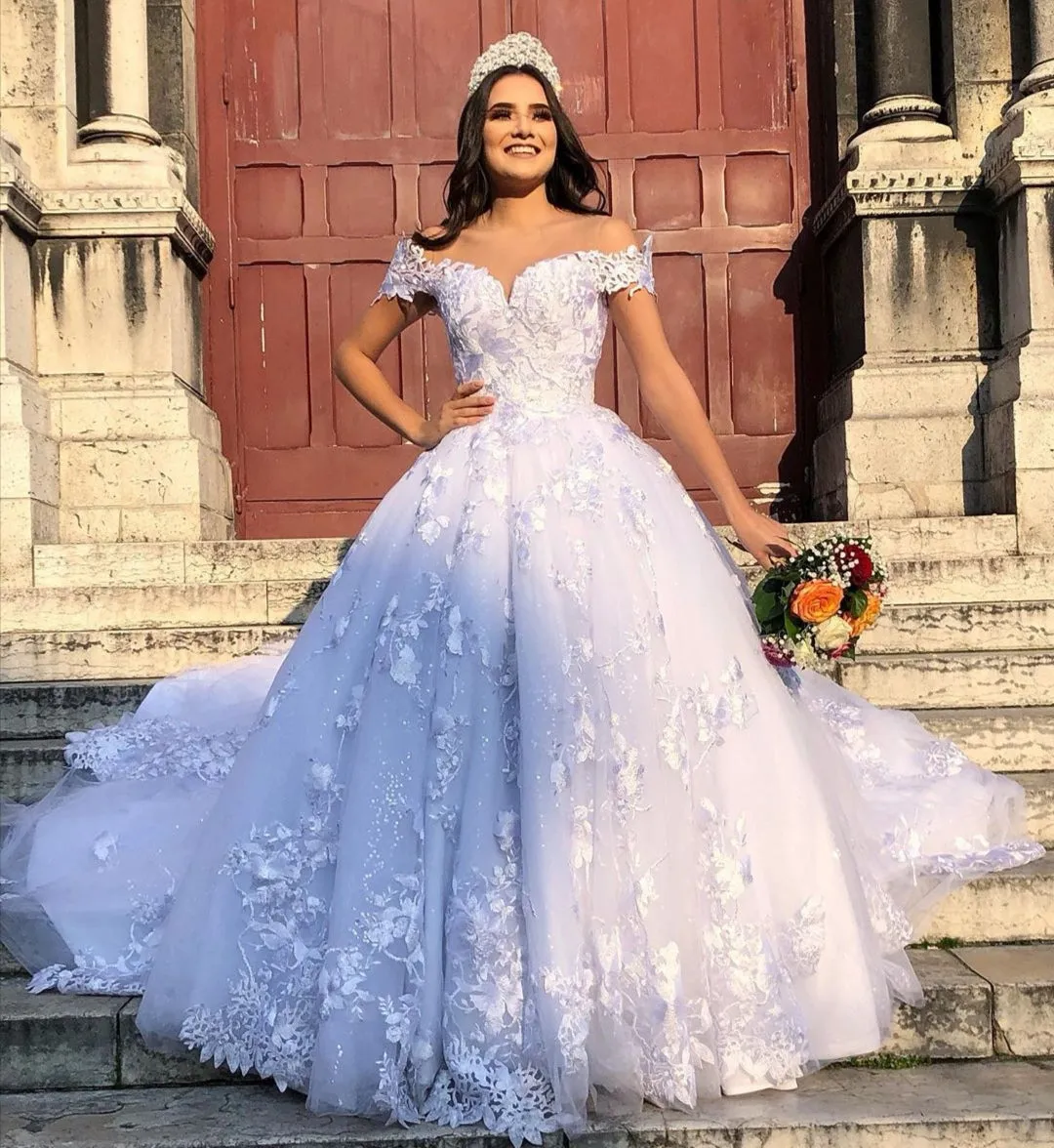 White Lace Princess Floral Bridal Gown with Off-the-shoulder