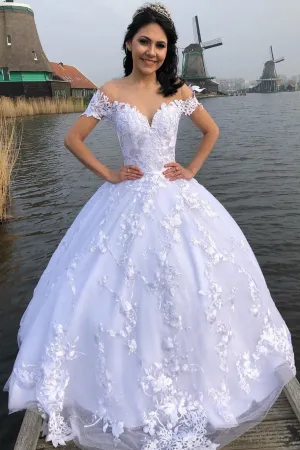 White Lace Princess Floral Bridal Gown with Off-the-shoulder