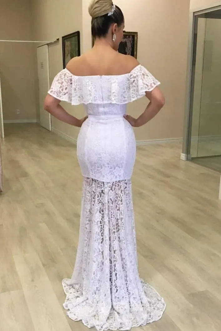 White Lace Sheath Wedding Gown with Off-the-shoulder