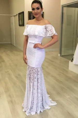 White Lace Sheath Wedding Gown with Off-the-shoulder