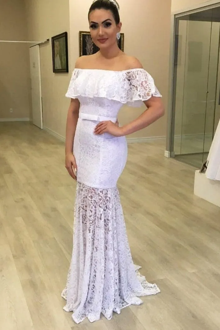 White Lace Sheath Wedding Gown with Off-the-shoulder