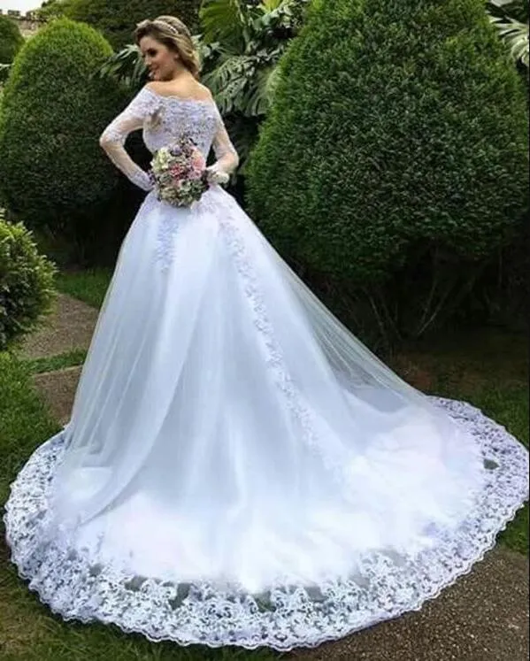 White Lace Tulle Wedding Gown Off-the-shoulder Long Sleeves
