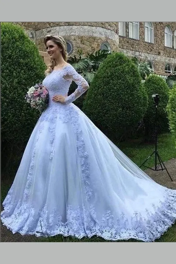 White Lace Tulle Wedding Gown Off-the-shoulder Long Sleeves