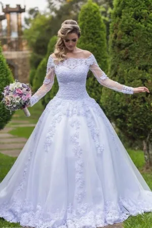 White Lace Tulle Wedding Gown Off-the-shoulder Long Sleeves