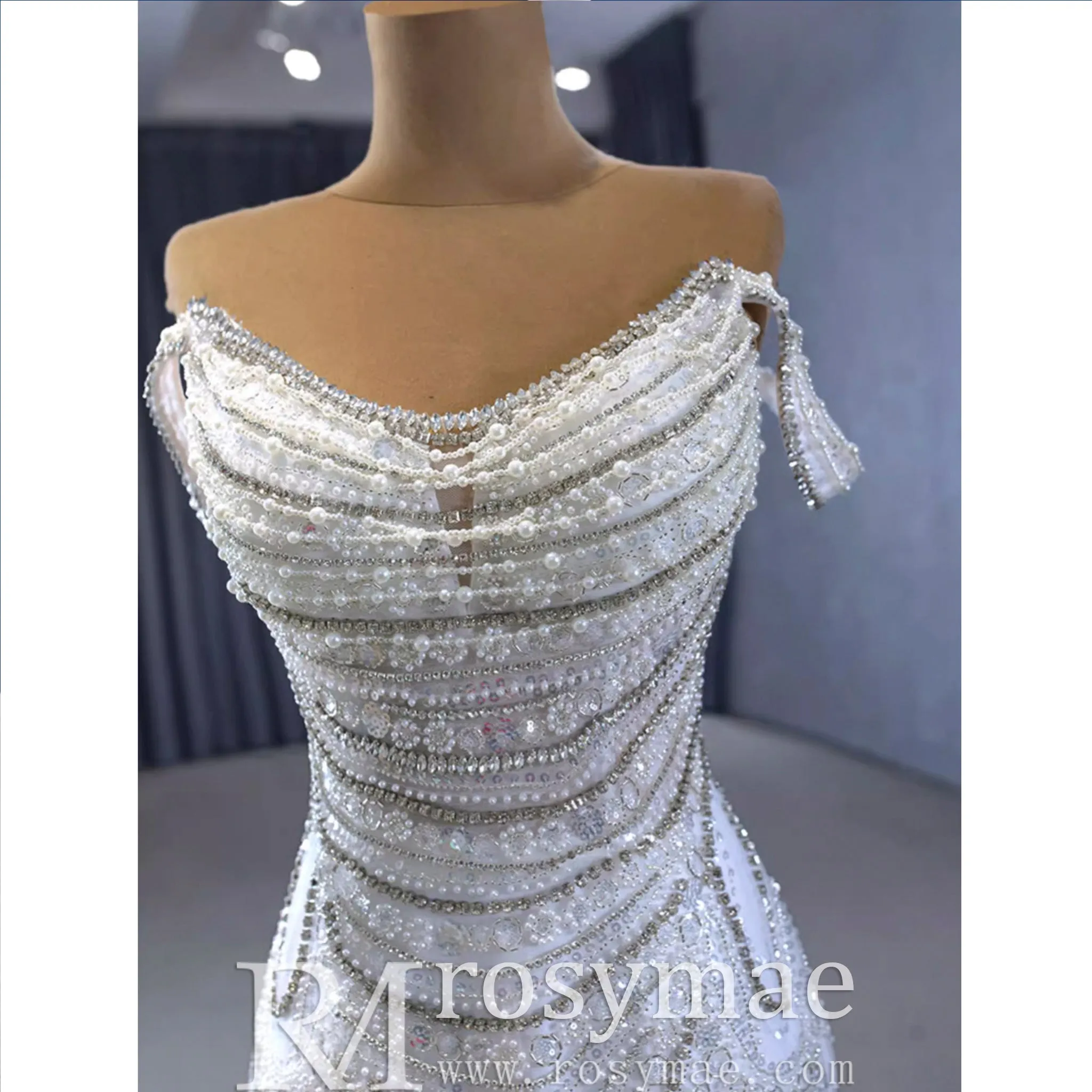 White Mermaid Off the Shoulder Pearls Beading Bride Wedding Dress