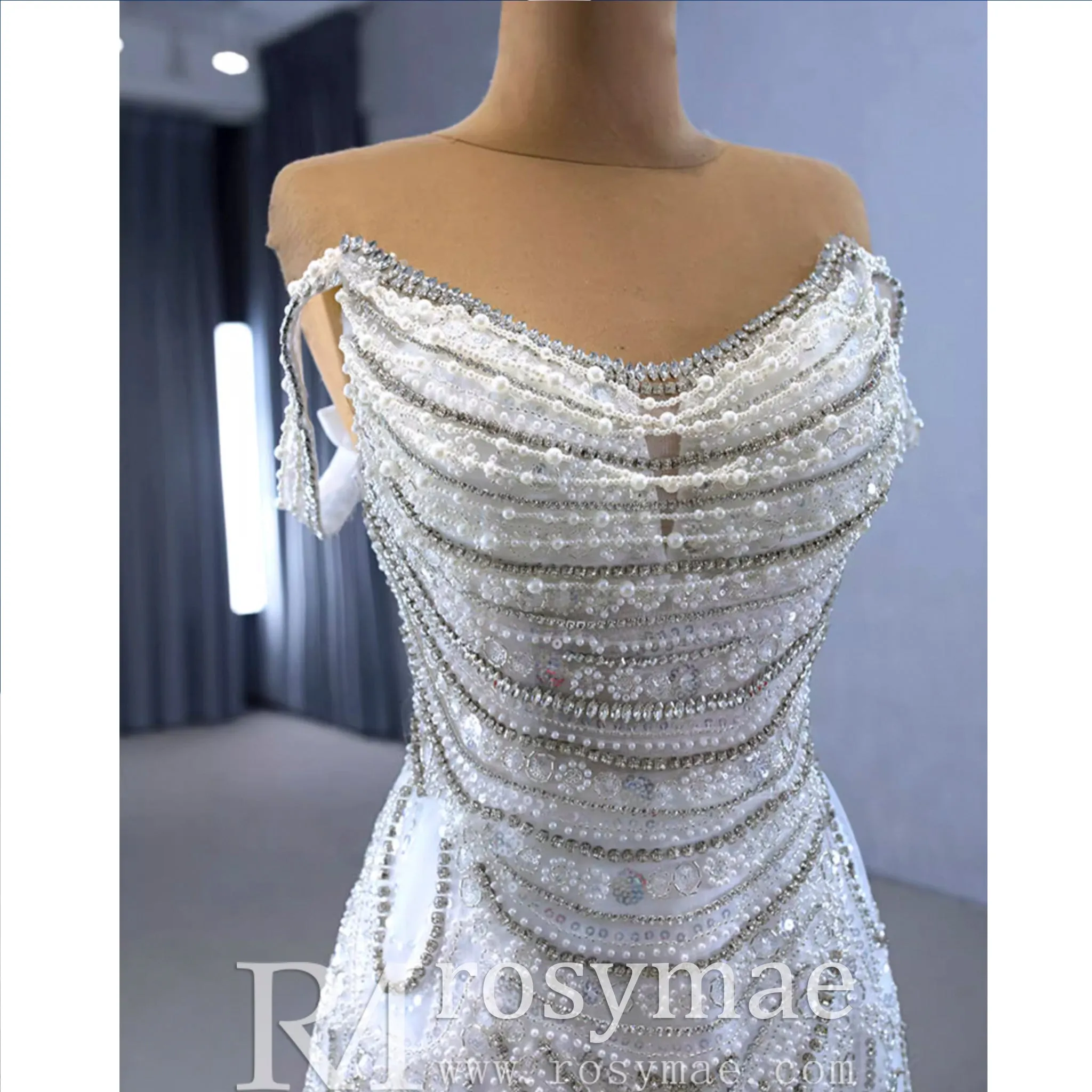 White Mermaid Off the Shoulder Pearls Beading Bride Wedding Dress