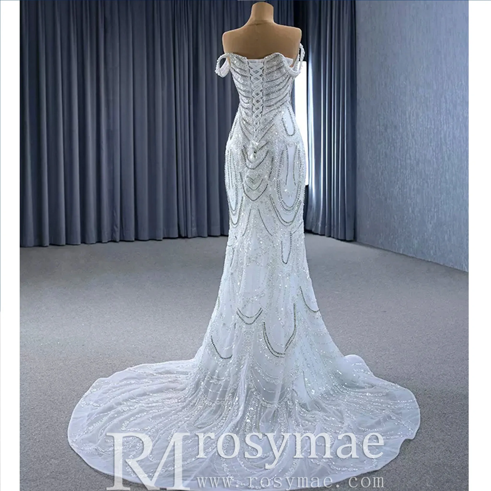White Mermaid Off the Shoulder Pearls Beading Bride Wedding Dress