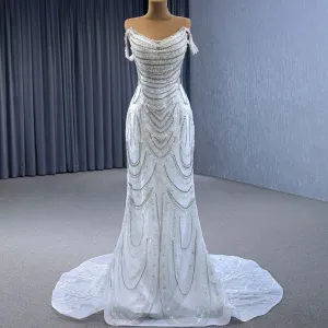 White Mermaid Off the Shoulder Pearls Beading Bride Wedding Dress