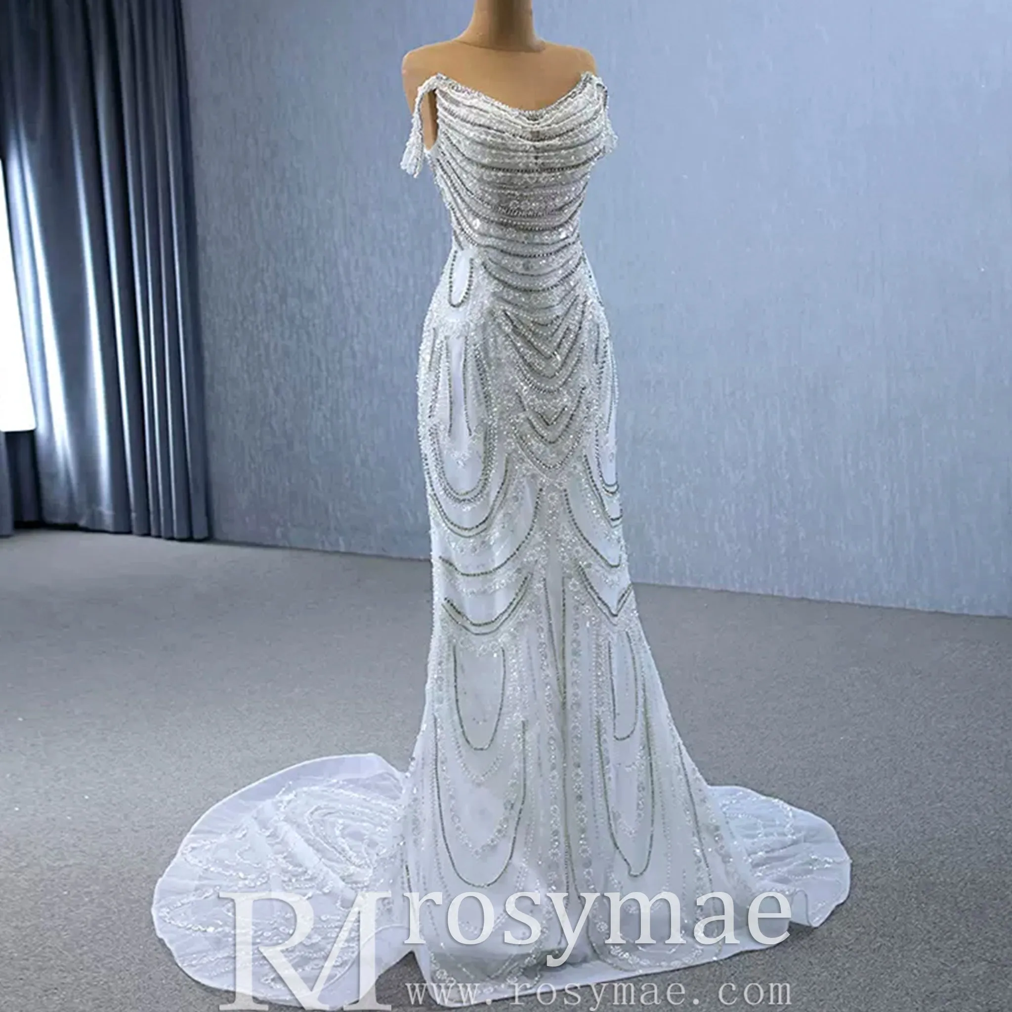 White Mermaid Off the Shoulder Pearls Beading Bride Wedding Dress