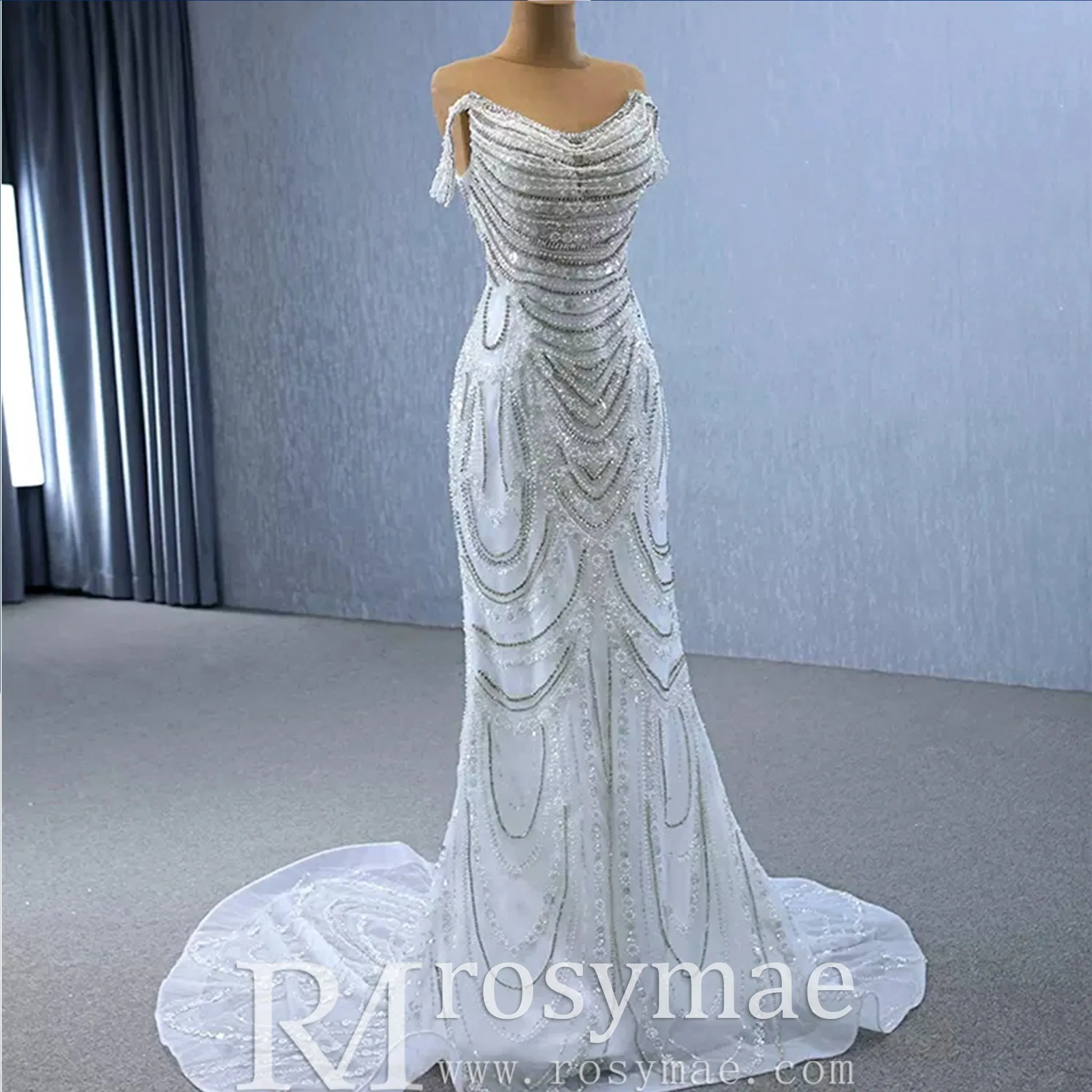 White Mermaid Off the Shoulder Pearls Beading Bride Wedding Dress