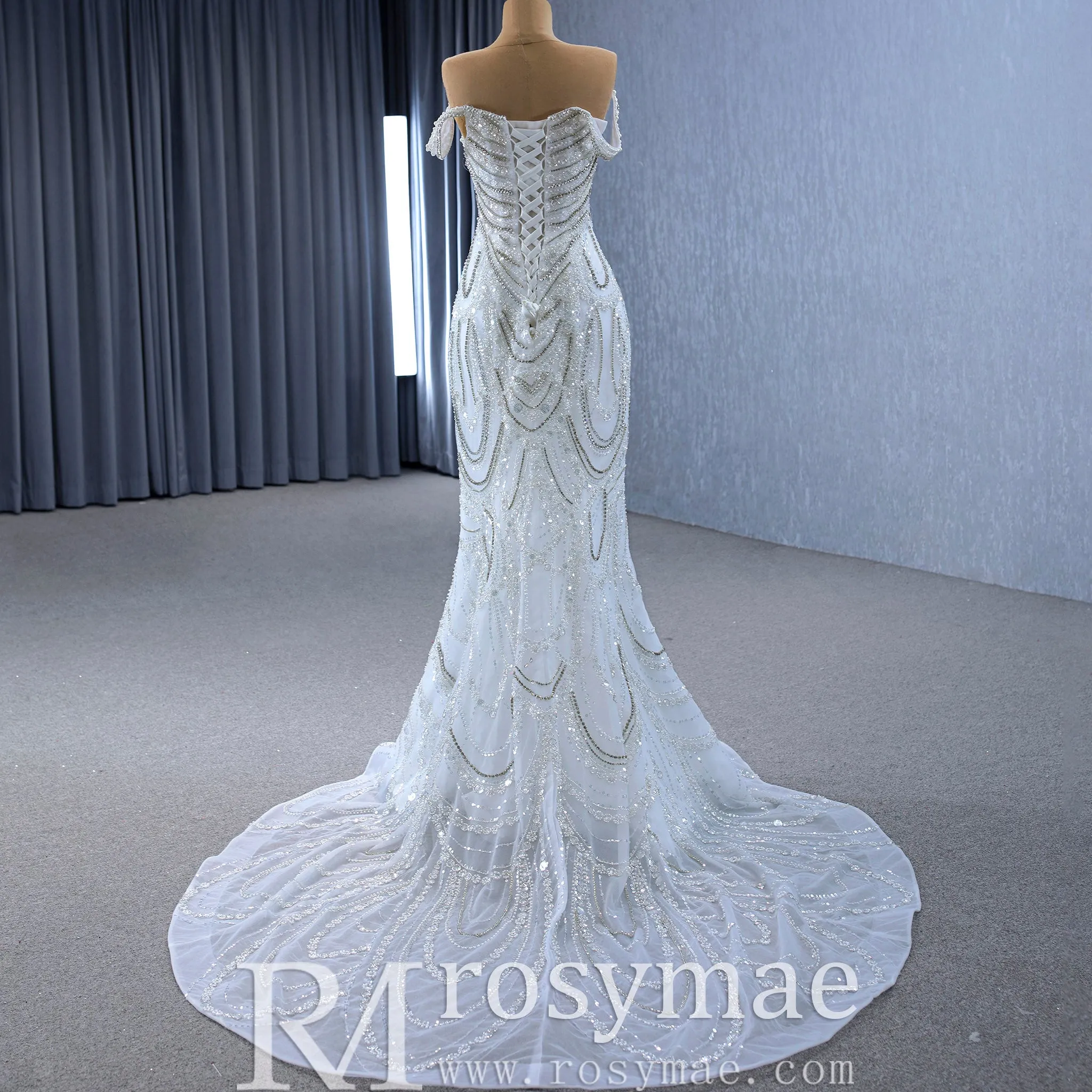 White Mermaid Off the Shoulder Pearls Beading Bride Wedding Dress