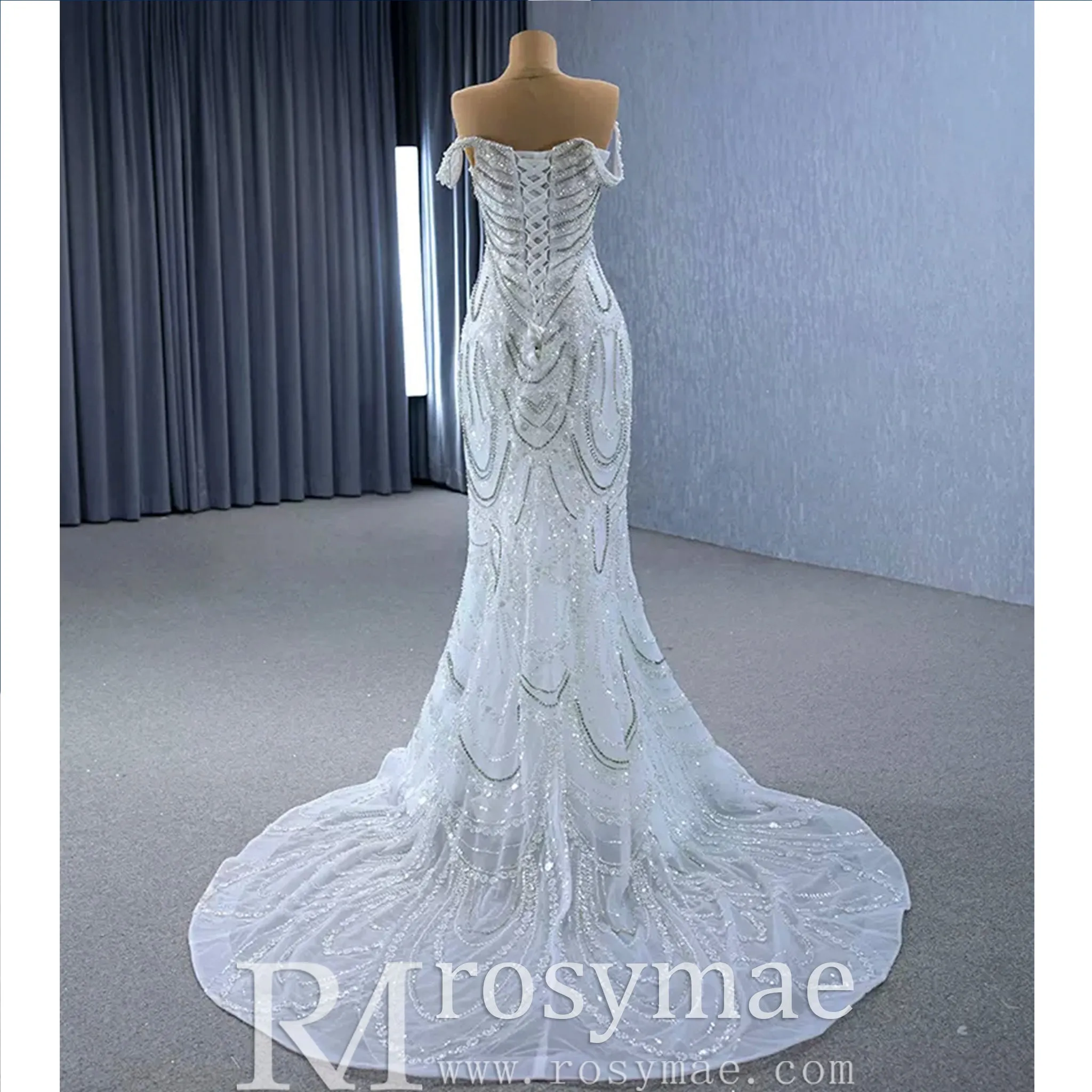 White Mermaid Off the Shoulder Pearls Beading Bride Wedding Dress