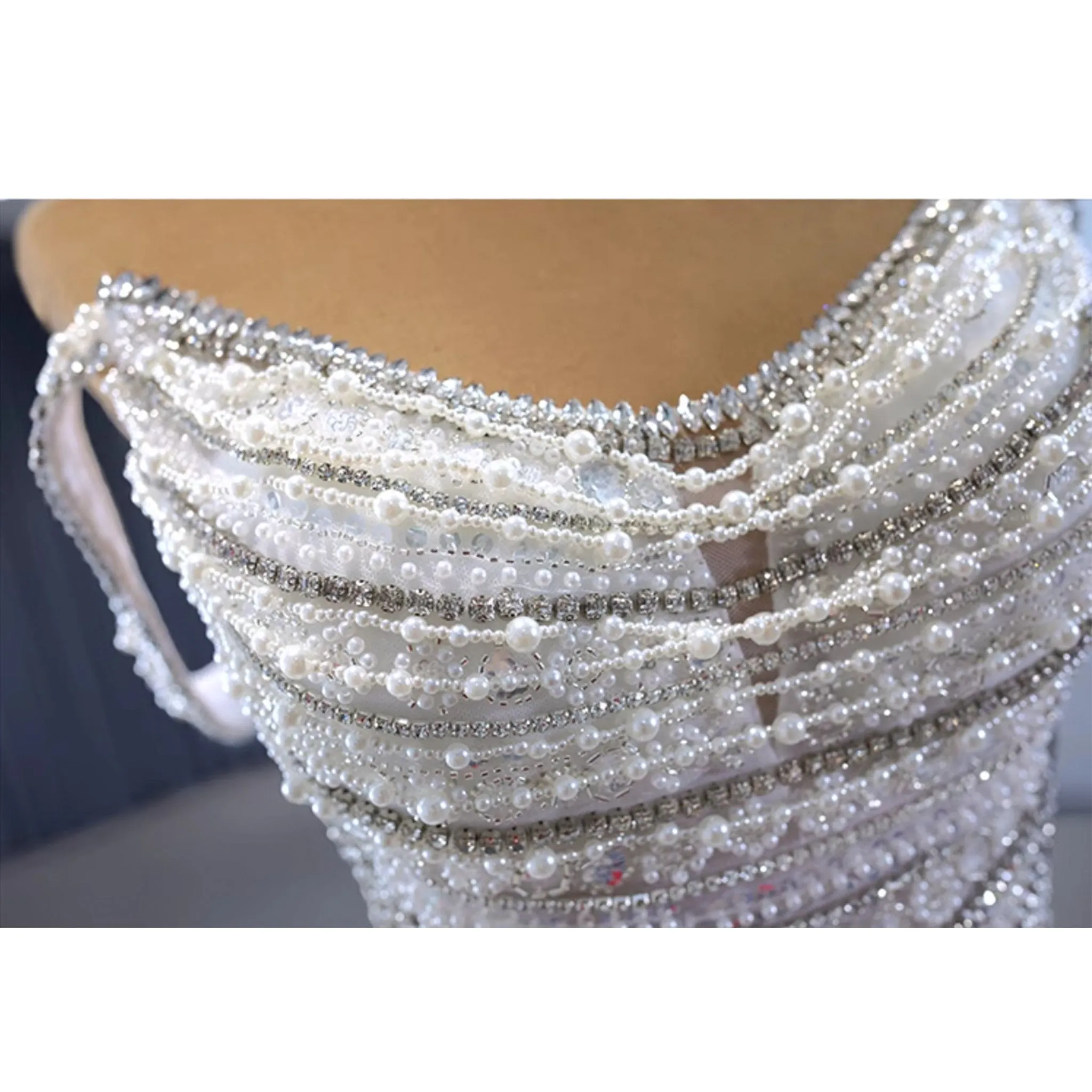 White Mermaid Off the Shoulder Pearls Beading Bride Wedding Dress