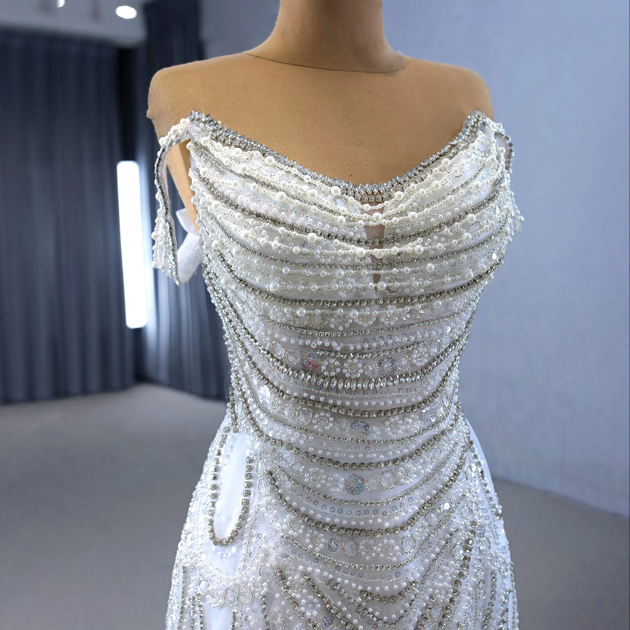 White Mermaid Off the Shoulder Pearls Beading Bride Wedding Dress