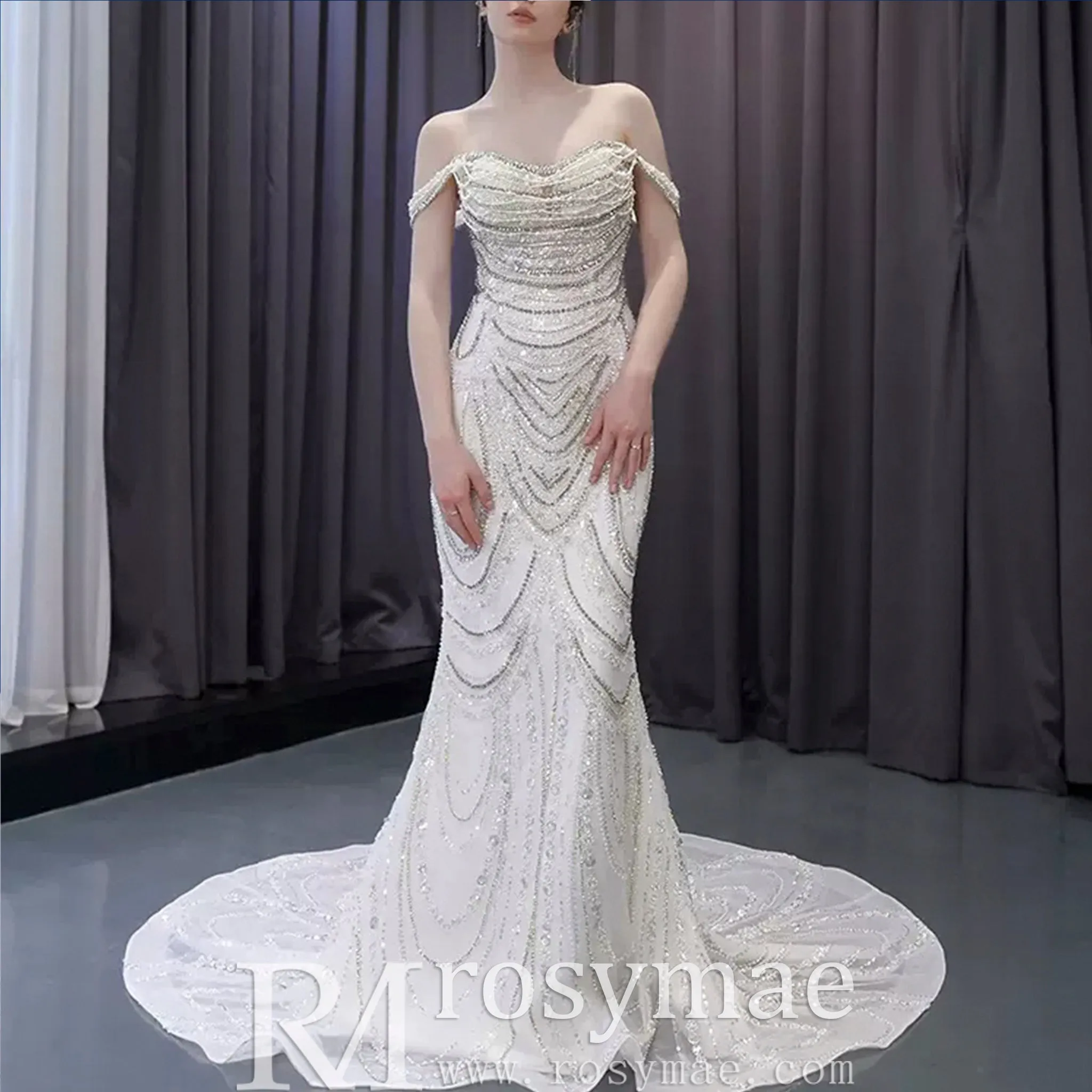 White Mermaid Off the Shoulder Pearls Beading Bride Wedding Dress